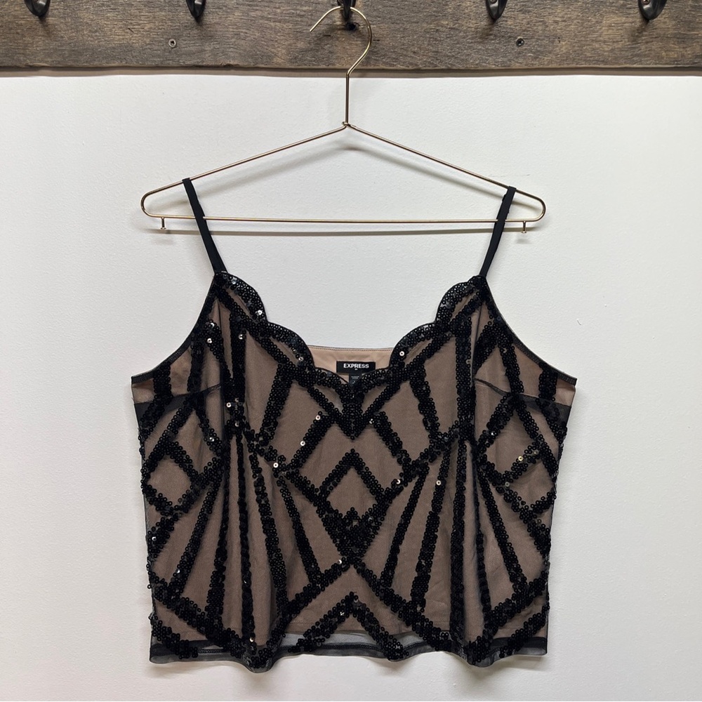 Express Womens Sequin Top Size Large Camisole Mesh VNeck Lined Adjustable Straps